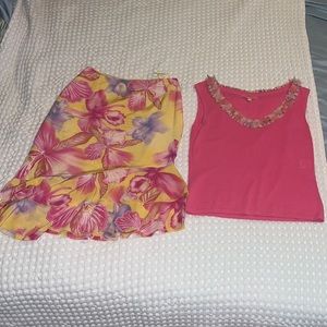 Tropical Vintage Escada Two Piece Size 36 Tank Top and Skirt With Feathers